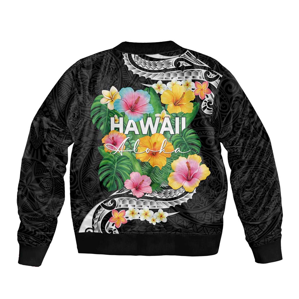 Hawaii Aloha Tropical Leaves and Flower Sleeve Zip Bomber Jacket with Polynesian Art Tattoo Black Color LT03 - Polynesian Pride