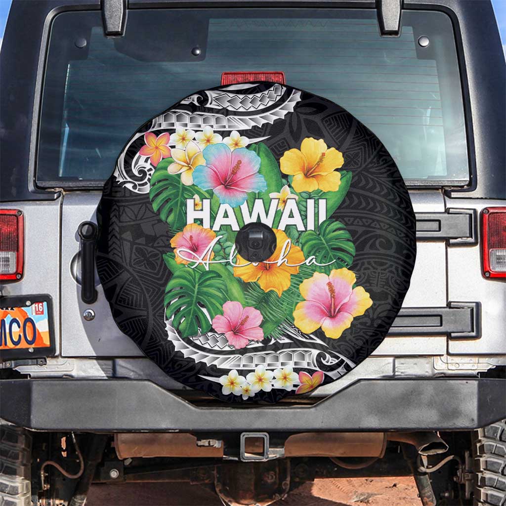 Hawaii Aloha Tropical Leaves and Flower Spare Tire Cover with Polynesian Art Tattoo Black Color - Polynesian Pride