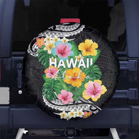 Hawaii Aloha Tropical Leaves and Flower Spare Tire Cover with Polynesian Art Tattoo Black Color - Polynesian Pride
