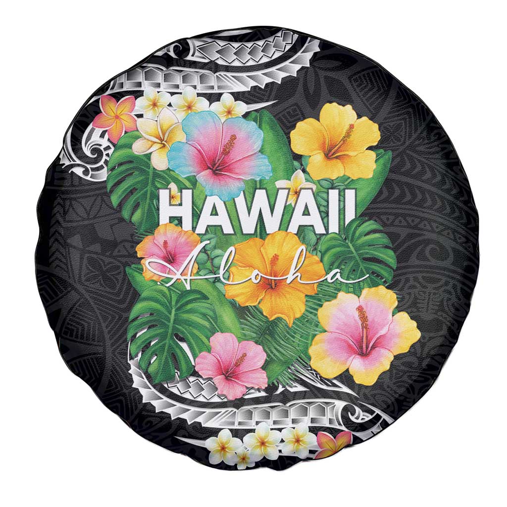 Hawaii Aloha Tropical Leaves and Flower Spare Tire Cover with Polynesian Art Tattoo Black Color - Polynesian Pride
