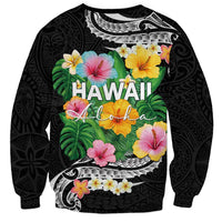 Hawaii Aloha Tropical Leaves and Flower Sweatshirt with Polynesian Art Tattoo Black Color LT03 - Polynesian Pride