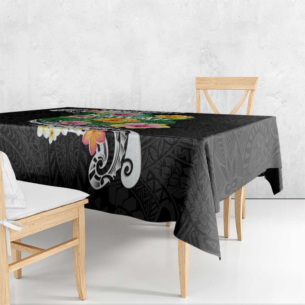 Hawaii Aloha Tropical Leaves and Flower Tablecloth with Polynesian Art Tattoo Black Color - Polynesian Pride