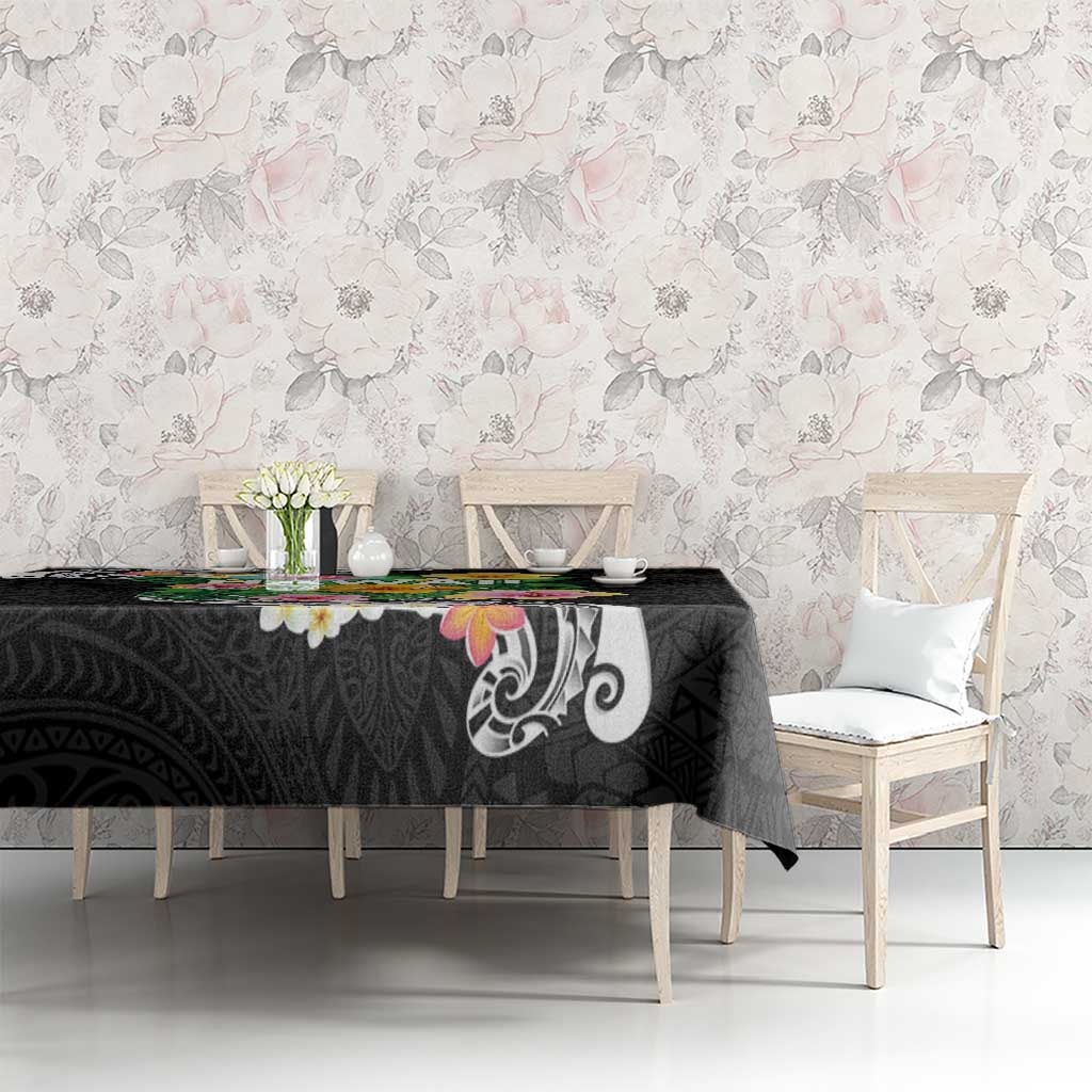 Hawaii Aloha Tropical Leaves and Flower Tablecloth with Polynesian Art Tattoo Black Color - Polynesian Pride