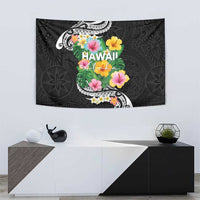 Hawaii Aloha Tropical Leaves and Flower Tapestry with Polynesian Art Tattoo Black Color - Polynesian Pride