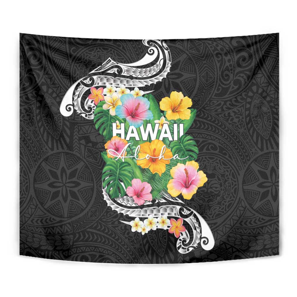 Hawaii Aloha Tropical Leaves and Flower Tapestry with Polynesian Art Tattoo Black Color - Polynesian Pride