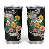 Hawaii Aloha Tropical Leaves and Flower Tumbler Cup with Polynesian Art Tattoo Black Color - Polynesian Pride
