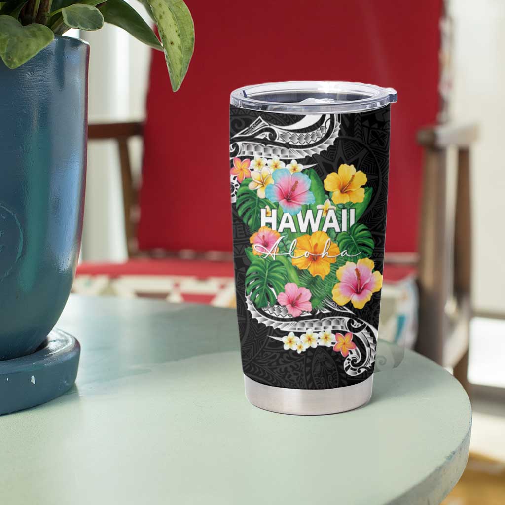 Hawaii Aloha Tropical Leaves and Flower Tumbler Cup with Polynesian Art Tattoo Black Color - Polynesian Pride