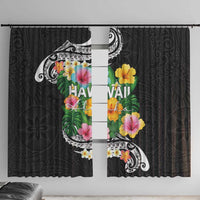 Hawaii Aloha Tropical Leaves and Flower Window Curtain with Polynesian Art Tattoo Black Color - Polynesian Pride
