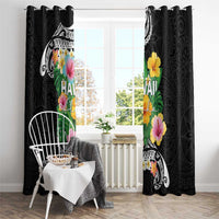 Hawaii Aloha Tropical Leaves and Flower Window Curtain with Polynesian Art Tattoo Black Color - Polynesian Pride