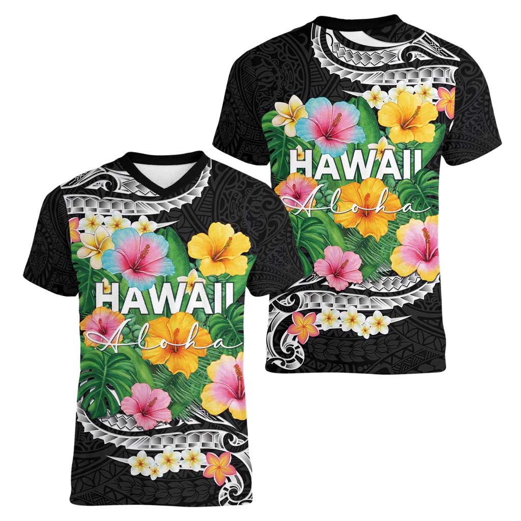 Hawaii Aloha Tropical Leaves and Flower Women V-Neck T-Shirt with Polynesian Art Tattoo Black Color - Polynesian Pride