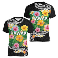 Hawaii Aloha Tropical Leaves and Flower Women V-Neck T-Shirt with Polynesian Art Tattoo Black Color - Polynesian Pride