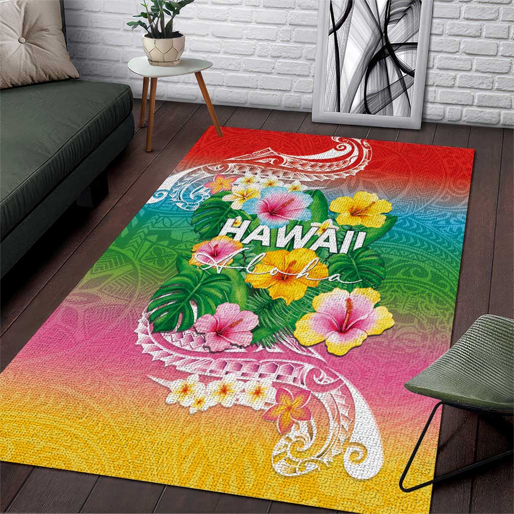 Hawaii Aloha Tropical Leaves and Flower Area Rug with Polynesian Art Tattoo Rainbow Color - Polynesian Pride