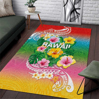 Hawaii Aloha Tropical Leaves and Flower Area Rug with Polynesian Art Tattoo Rainbow Color - Polynesian Pride