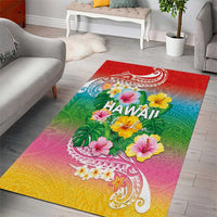Hawaii Aloha Tropical Leaves and Flower Area Rug with Polynesian Art Tattoo Rainbow Color - Polynesian Pride