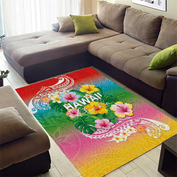 Hawaii Aloha Tropical Leaves and Flower Area Rug with Polynesian Art ...