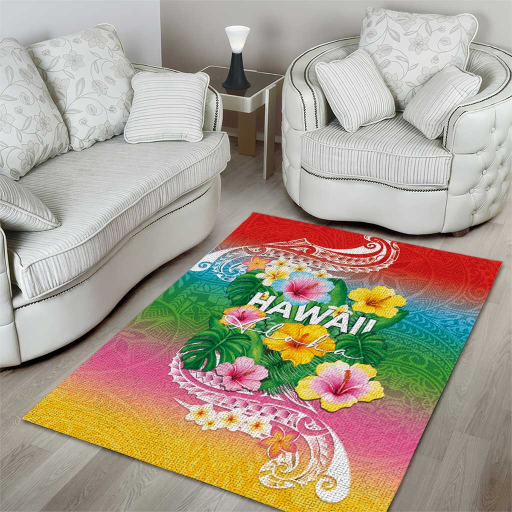 Hawaii Aloha Tropical Leaves and Flower Area Rug with Polynesian Art Tattoo Rainbow Color - Polynesian Pride