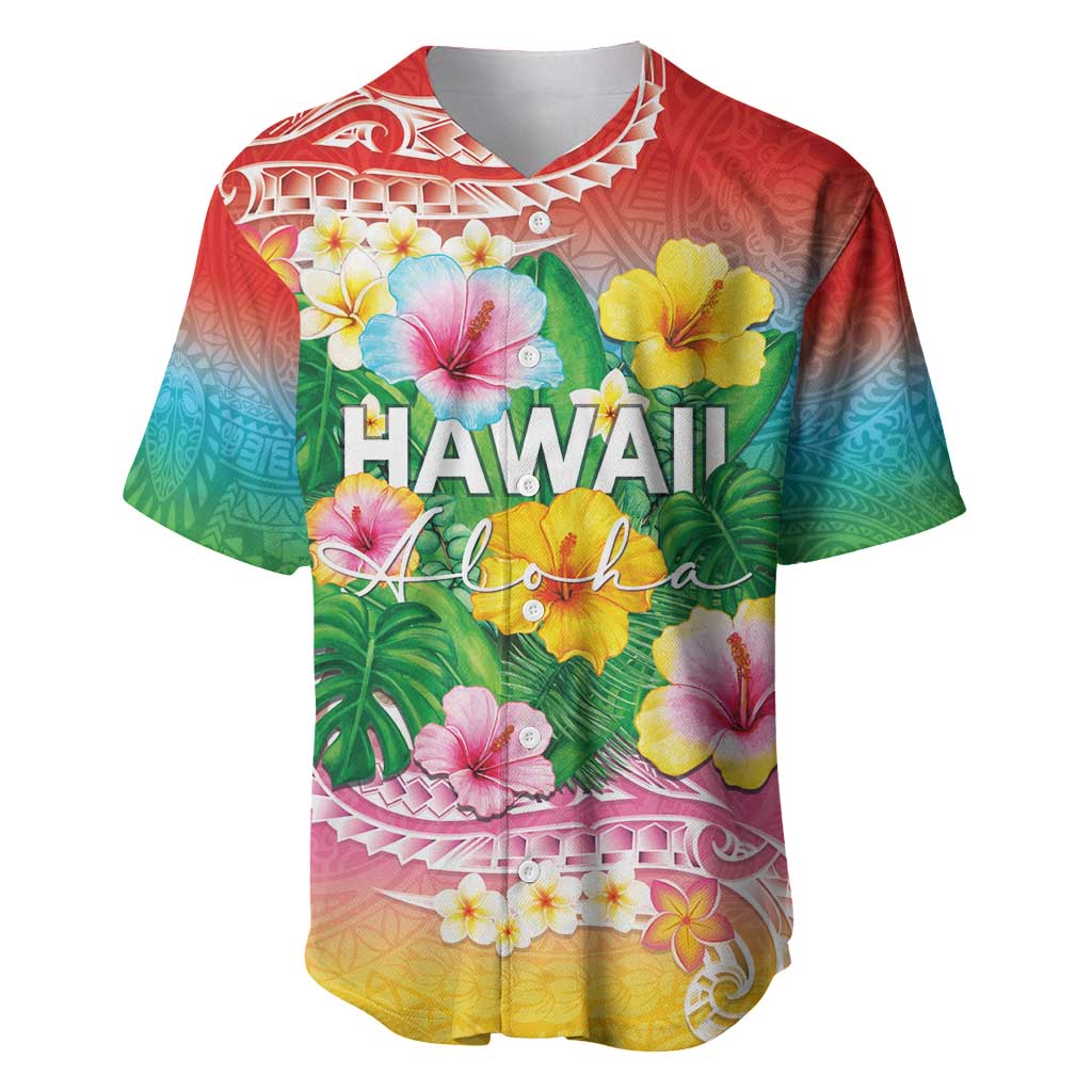 Hawaii Aloha Tropical Leaves and Flower Baseball Jersey with Polynesian Art Tattoo Rainbow Color - Polynesian Pride