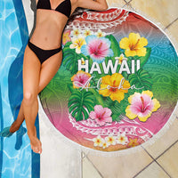 Hawaii Aloha Tropical Leaves and Flower Beach Blanket with Polynesian Art Tattoo Rainbow Color - Polynesian Pride