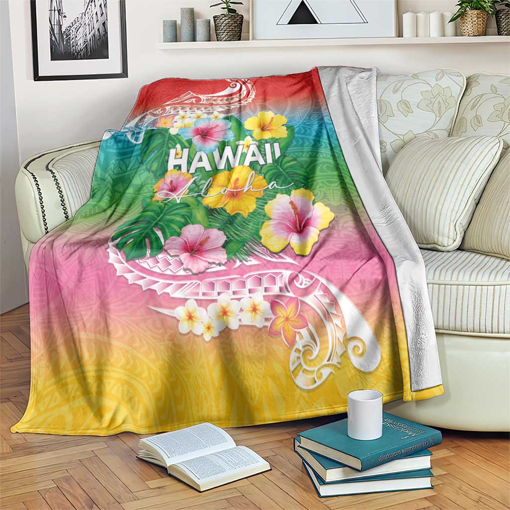 Hawaii Aloha Tropical Leaves and Flower Blanket with Polynesian Art Tattoo Rainbow Color - Polynesian Pride