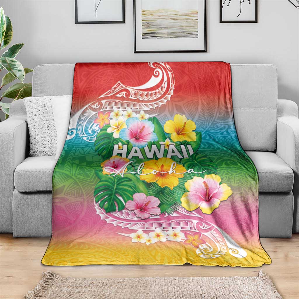 Hawaii Aloha Tropical Leaves and Flower Blanket with Polynesian Art Tattoo Rainbow Color - Polynesian Pride