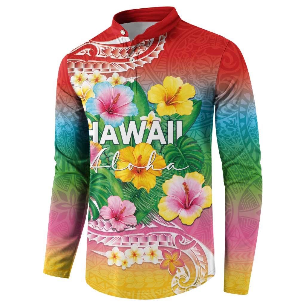 Hawaii Aloha Tropical Leaves and Flower Button Sweatshirt with Polynesian Art Tattoo Rainbow Color - Polynesian Pride