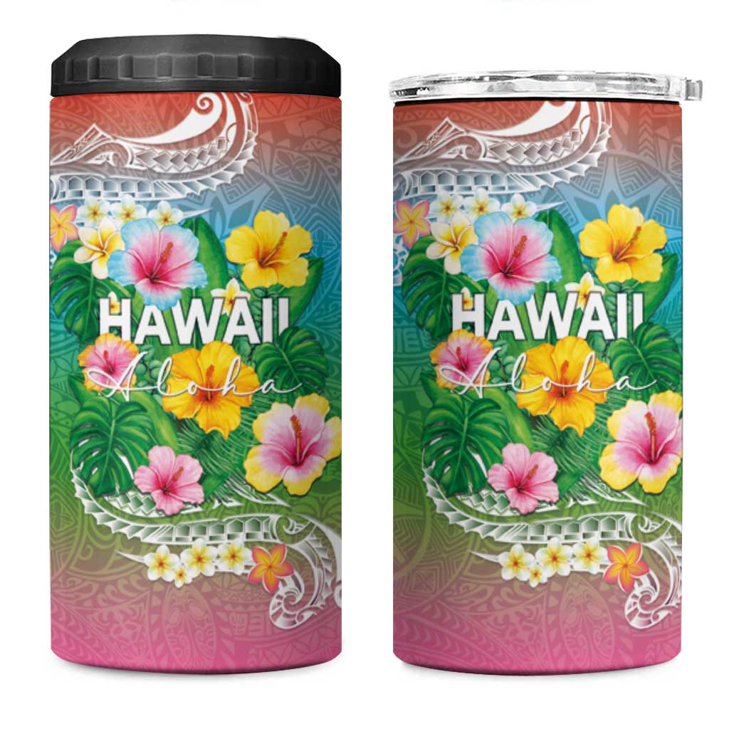 Hawaii Aloha Tropical Leaves and Flower 4 in 1 Can Cooler Tumbler with Polynesian Art Tattoo Rainbow Color - Polynesian Pride