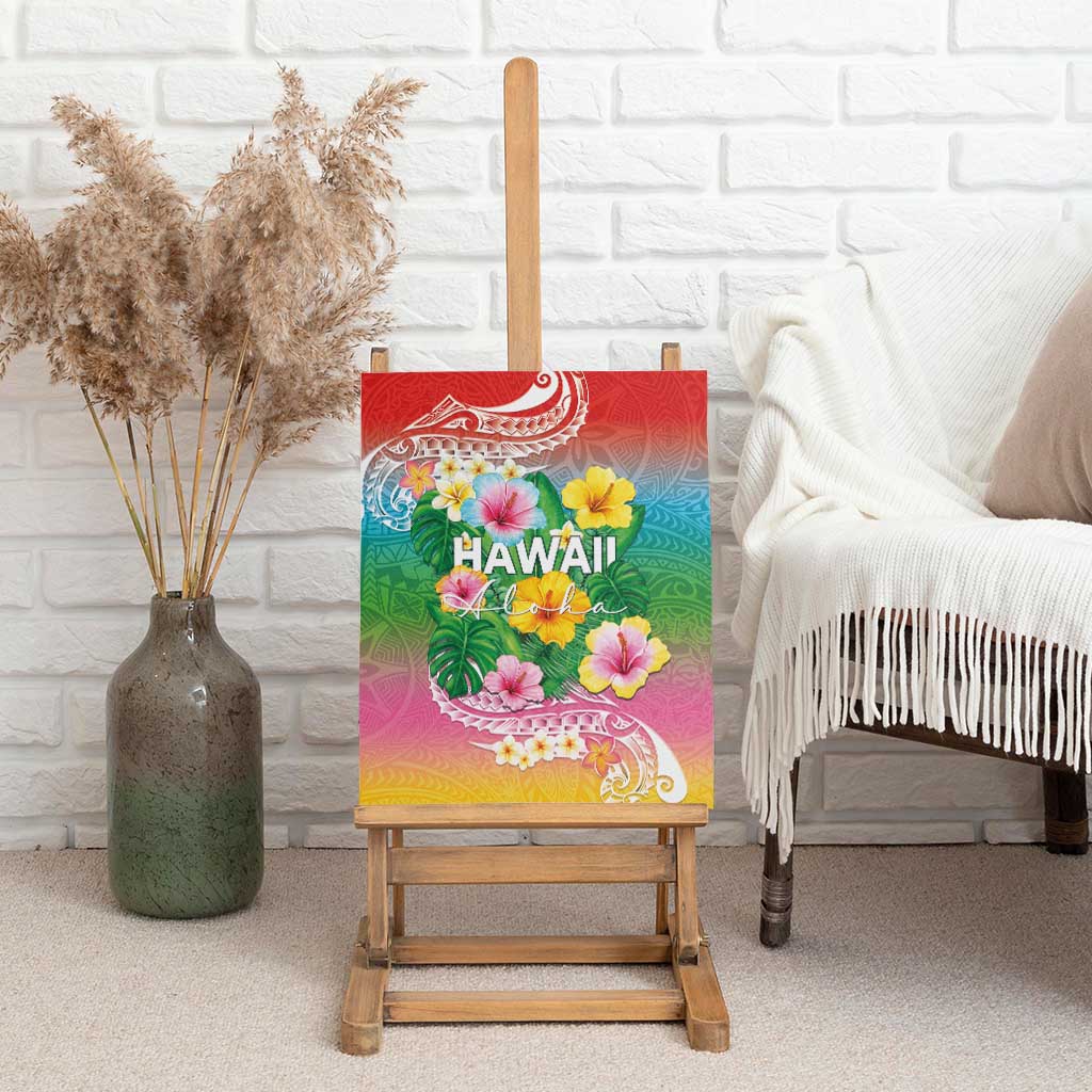 Hawaii Aloha Tropical Leaves and Flower Canvas Wall Art with Polynesian Art Tattoo Rainbow Color - Polynesian Pride