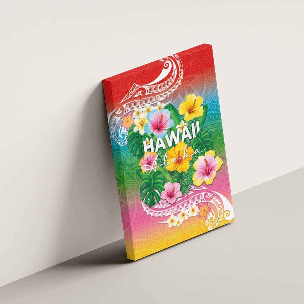Hawaii Aloha Tropical Leaves and Flower Canvas Wall Art with Polynesian Art Tattoo Rainbow Color - Polynesian Pride