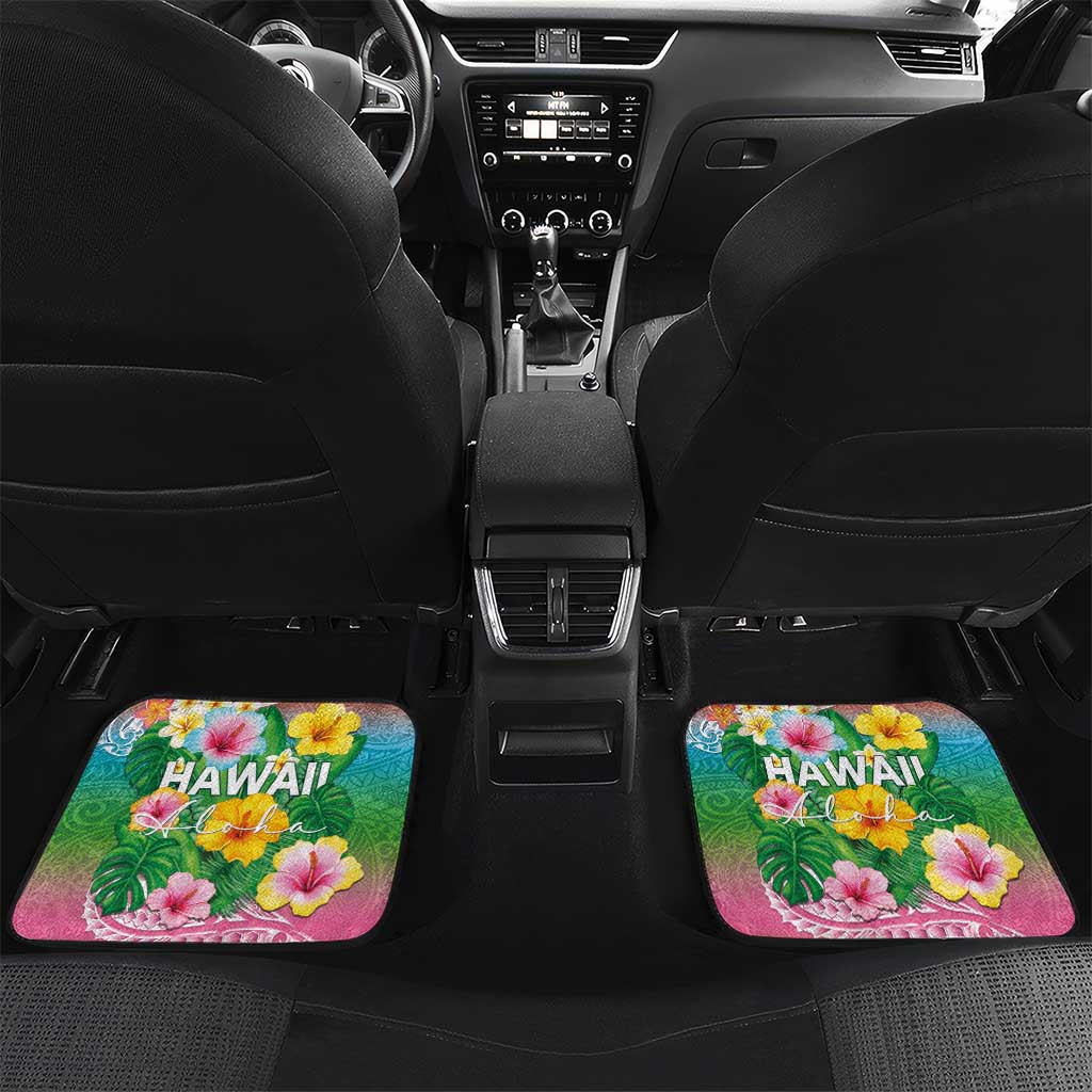 Hawaii Aloha Tropical Leaves and Flower Car Mats with Polynesian Art Tattoo Rainbow Color - Polynesian Pride