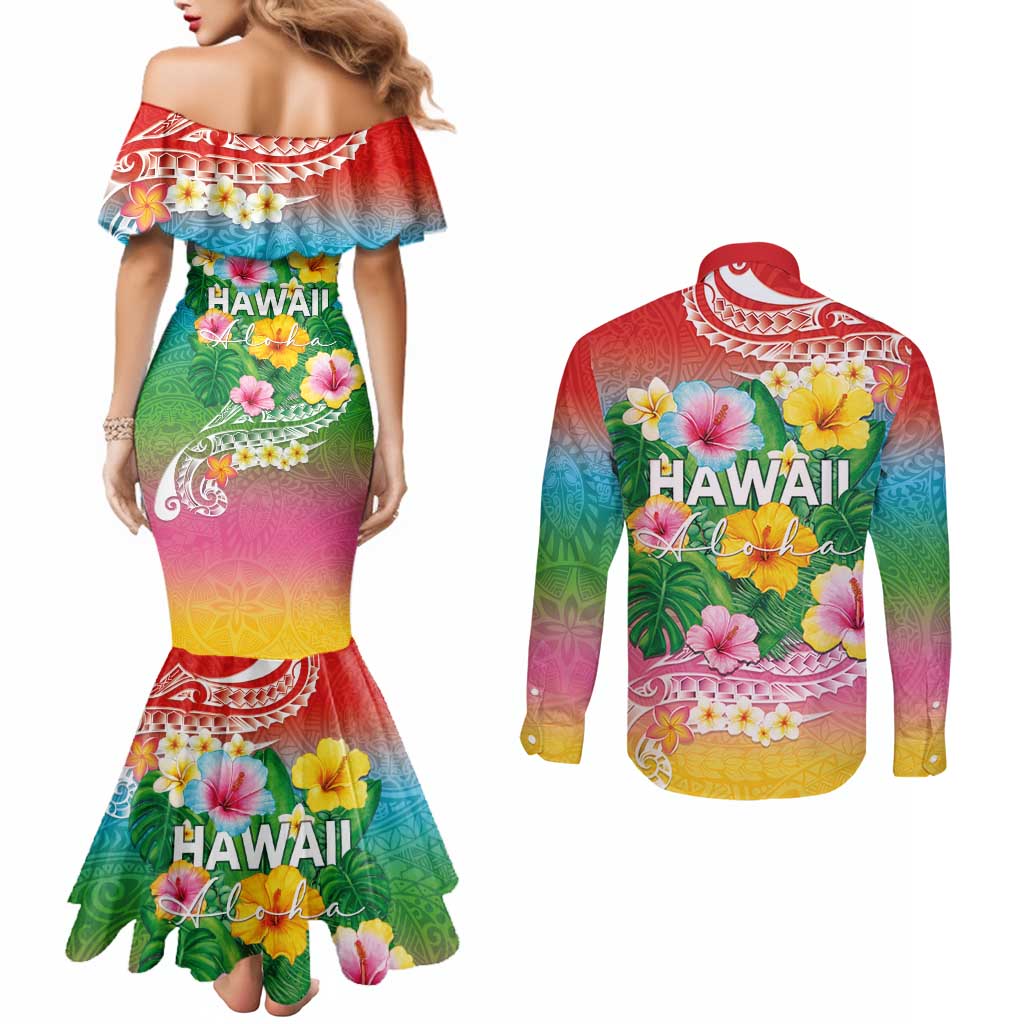 Hawaii Aloha Tropical Leaves and Flower Couples Matching Mermaid Dress and Long Sleeve Button Shirt with Polynesian Art Tattoo Rainbow Color - Polynesian Pride