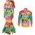 Hawaii Aloha Tropical Leaves and Flower Couples Matching Mermaid Dress and Long Sleeve Button Shirt with Polynesian Art Tattoo Rainbow Color - Polynesian Pride