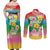 Hawaii Aloha Tropical Leaves and Flower Couples Matching Off Shoulder Maxi Dress and Long Sleeve Button Shirt with Polynesian Art Tattoo Rainbow Color - Polynesian Pride