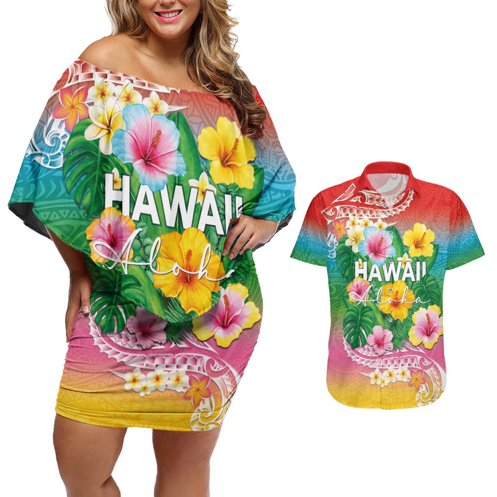 Hawaii Aloha Tropical Leaves and Flower Couples Matching Off Shoulder Short Dress and Hawaiian Shirt with Polynesian Art Tattoo Rainbow Color - Polynesian Pride