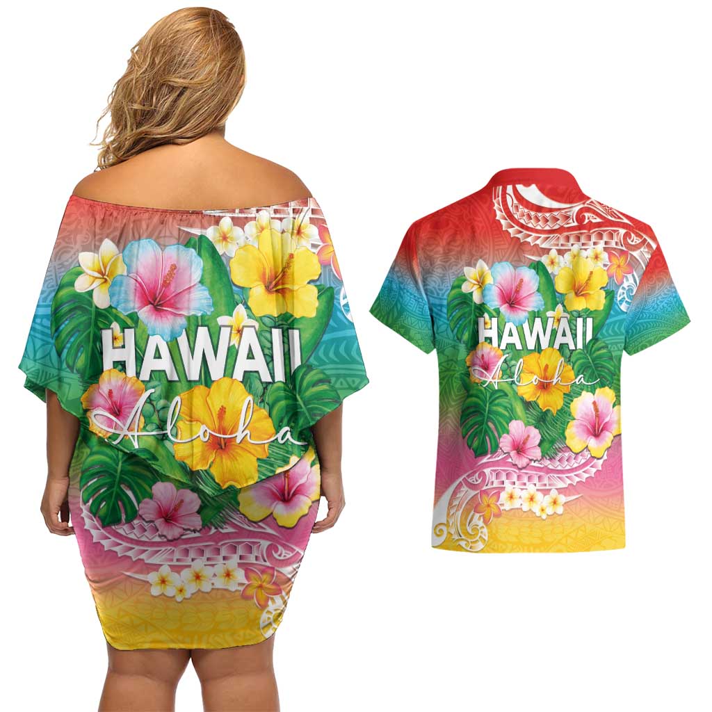 Hawaii Aloha Tropical Leaves and Flower Couples Matching Off Shoulder Short Dress and Hawaiian Shirt with Polynesian Art Tattoo Rainbow Color - Polynesian Pride