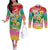 Hawaii Aloha Tropical Leaves and Flower Couples Matching Off The Shoulder Long Sleeve Dress and Long Sleeve Button Shirt with Polynesian Art Tattoo Rainbow Color - Polynesian Pride