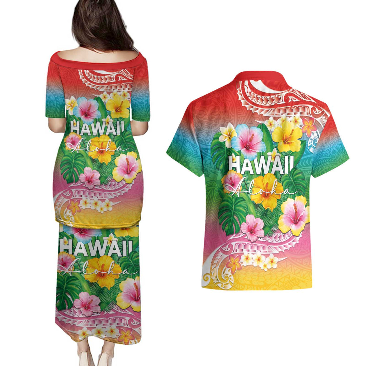 Hawaii Aloha Tropical Leaves and Flower Couples Matching Puletasi and Hawaiian Shirt with Polynesian Art Tattoo Rainbow Color - Polynesian Pride