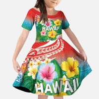 Hawaii Aloha Tropical Leaves and Flower Family Matching Long Sleeve Bodycon Dress and Hawaiian Shirt with Polynesian Art Tattoo Rainbow Color - Polynesian Pride