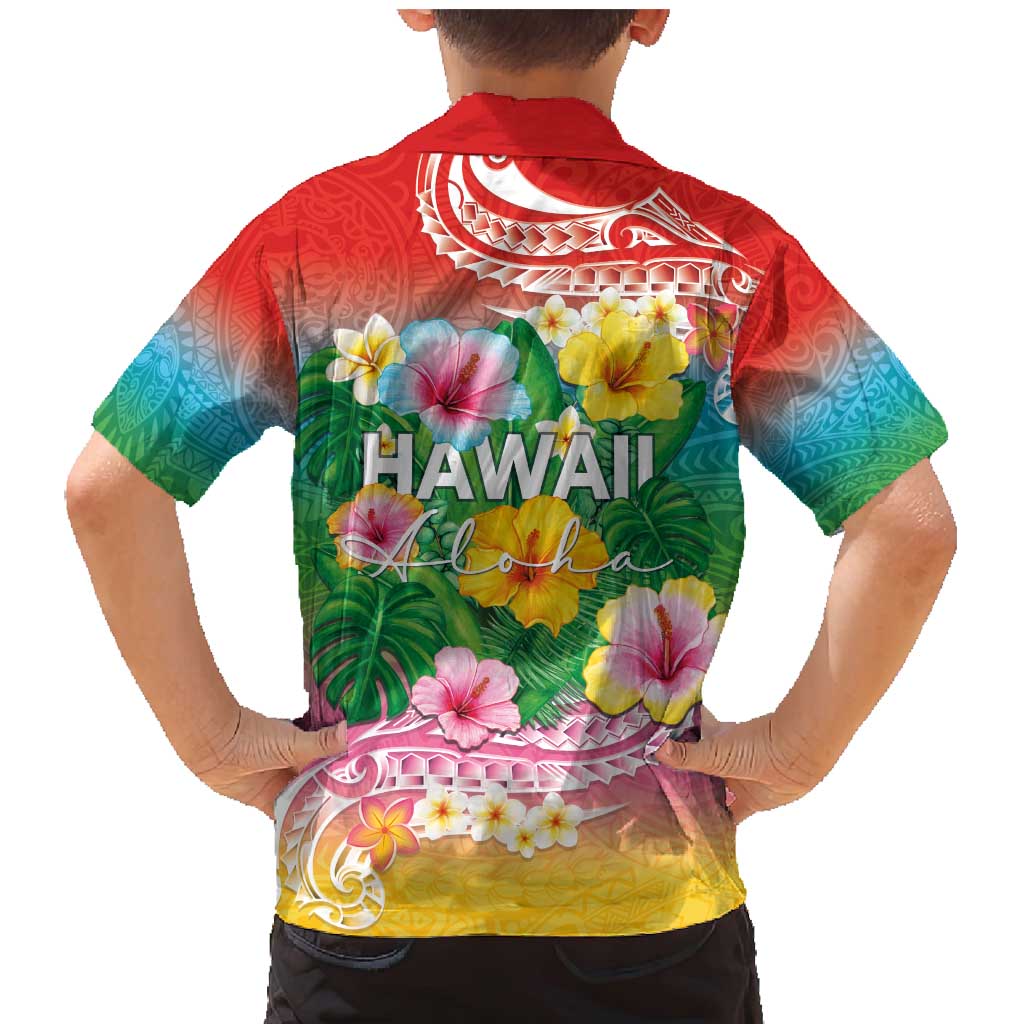Hawaii Aloha Tropical Leaves and Flower Family Matching Mermaid Dress and Hawaiian Shirt with Polynesian Art Tattoo Rainbow Color - Polynesian Pride