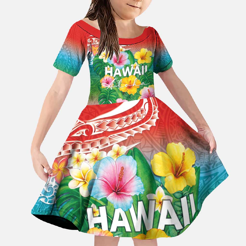 Hawaii Aloha Tropical Leaves and Flower Family Matching Mermaid Dress and Hawaiian Shirt with Polynesian Art Tattoo Rainbow Color - Polynesian Pride