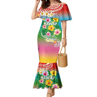 Hawaii Aloha Tropical Leaves and Flower Family Matching Mermaid Dress and Hawaiian Shirt with Polynesian Art Tattoo Rainbow Color - Polynesian Pride