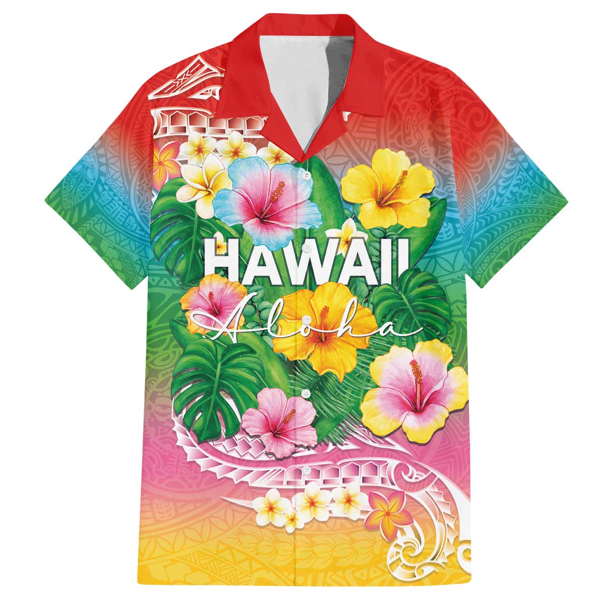 Hawaii Aloha Tropical Leaves and Flower Family Matching Off The Shoulder Long Sleeve Dress and Hawaiian Shirt with Polynesian Art Tattoo Rainbow Color - Polynesian Pride