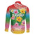 Hawaii Aloha Tropical Leaves and Flower Family Matching Off The Shoulder Long Sleeve Dress and Hawaiian Shirt with Polynesian Art Tattoo Rainbow Color - Polynesian Pride