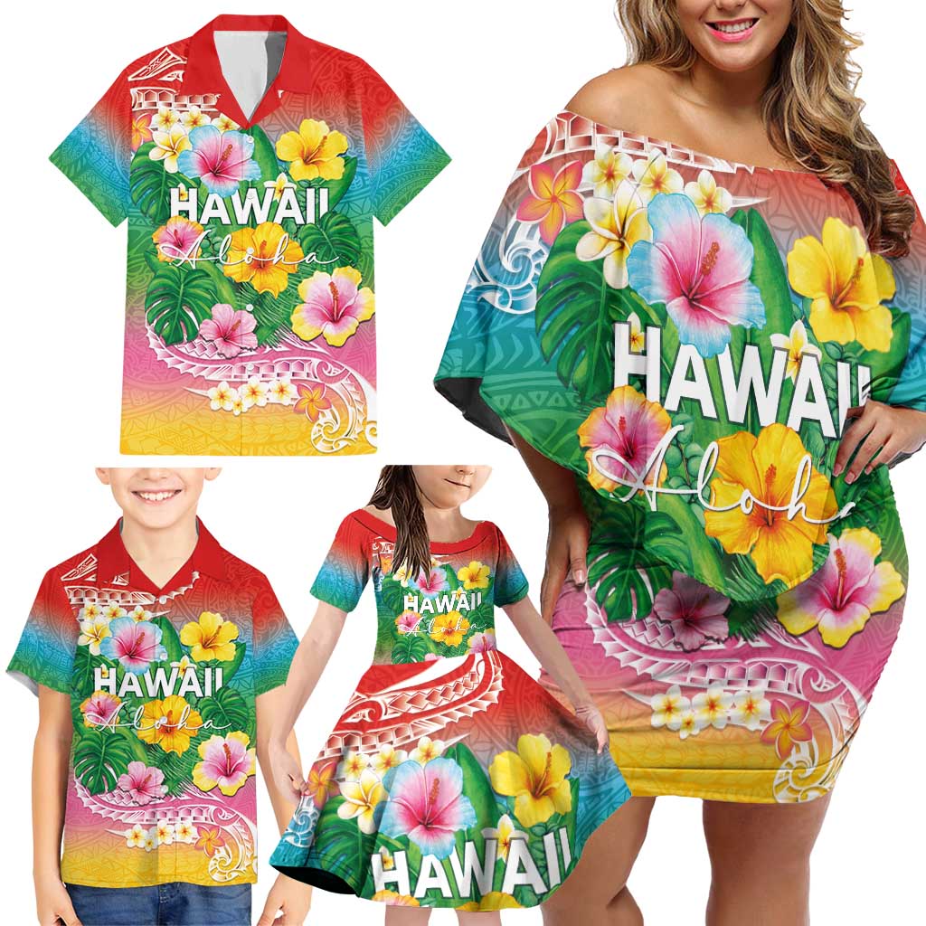 Hawaii Aloha Tropical Leaves and Flower Family Matching Off Shoulder Short Dress and Hawaiian Shirt with Polynesian Art Tattoo Rainbow Color - Polynesian Pride
