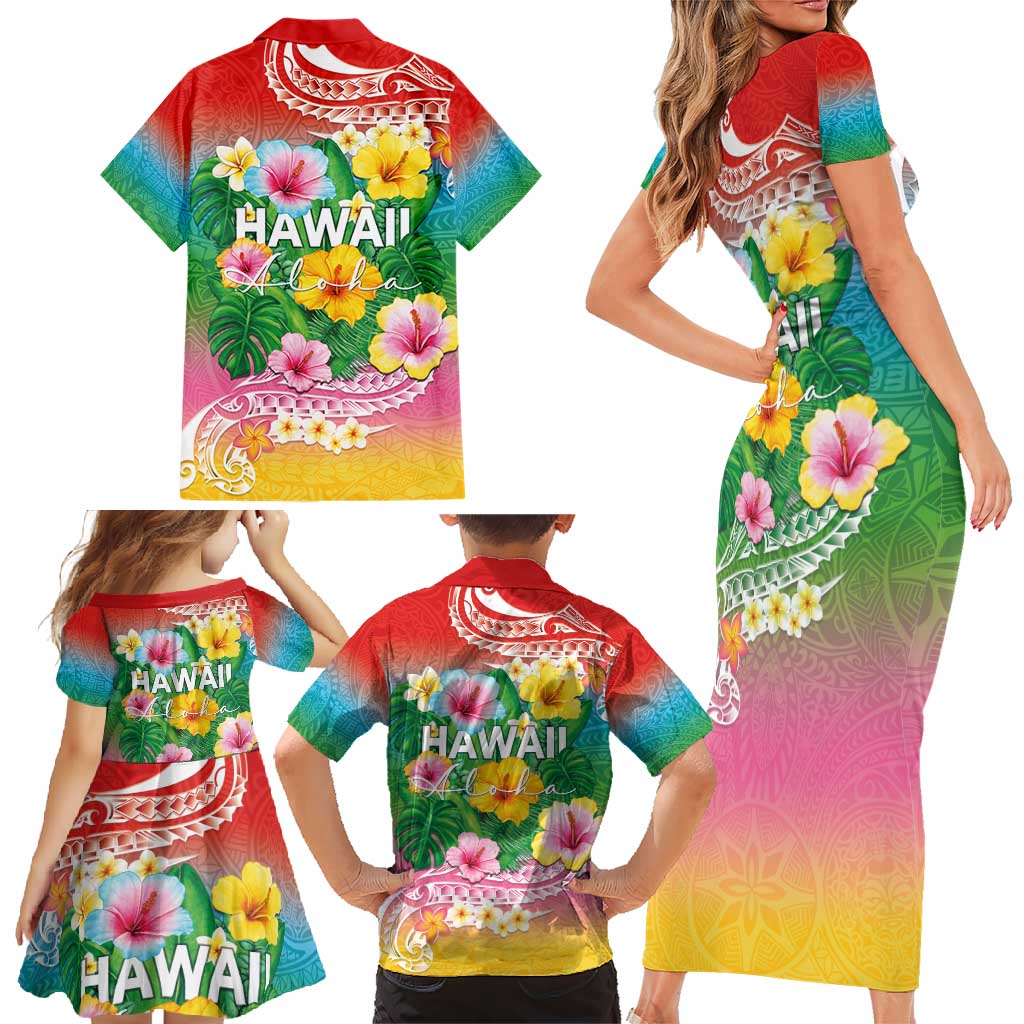 Hawaii Aloha Tropical Leaves and Flower Family Matching Short Sleeve Bodycon Dress and Hawaiian Shirt with Polynesian Art Tattoo Rainbow Color - Polynesian Pride