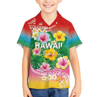 Hawaii Aloha Tropical Leaves and Flower Family Matching Short Sleeve Bodycon Dress and Hawaiian Shirt with Polynesian Art Tattoo Rainbow Color - Polynesian Pride