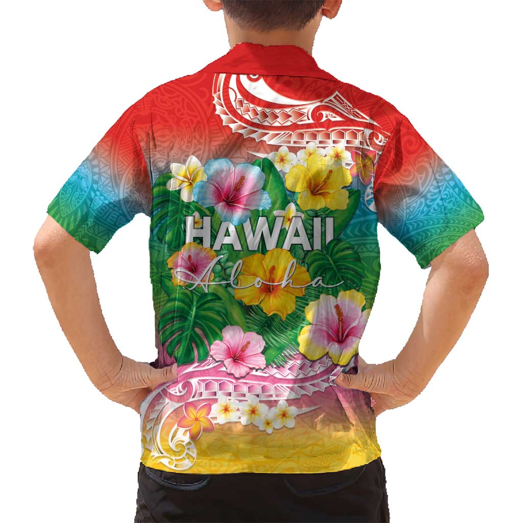 Hawaii Aloha Tropical Leaves and Flower Family Matching Tank Maxi Dress and Hawaiian Shirt with Polynesian Art Tattoo Rainbow Color - Polynesian Pride