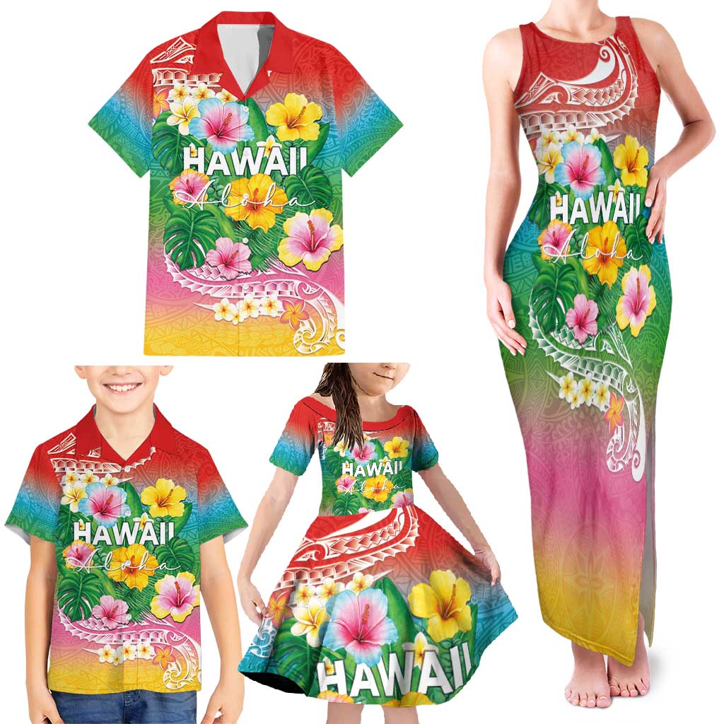 Hawaii Aloha Tropical Leaves and Flower Family Matching Tank Maxi Dress and Hawaiian Shirt with Polynesian Art Tattoo Rainbow Color - Polynesian Pride