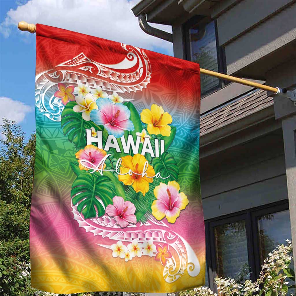 Hawaii Aloha Tropical Leaves and Flower Garden Flag with Polynesian Art Tattoo Rainbow Color - Polynesian Pride