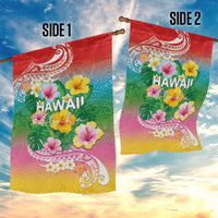 Hawaii Aloha Tropical Leaves and Flower Garden Flag with Polynesian Art Tattoo Rainbow Color - Polynesian Pride