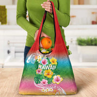 Hawaii Aloha Tropical Leaves and Flower Grocery Bag with Polynesian Art Tattoo Rainbow Color - Polynesian Pride